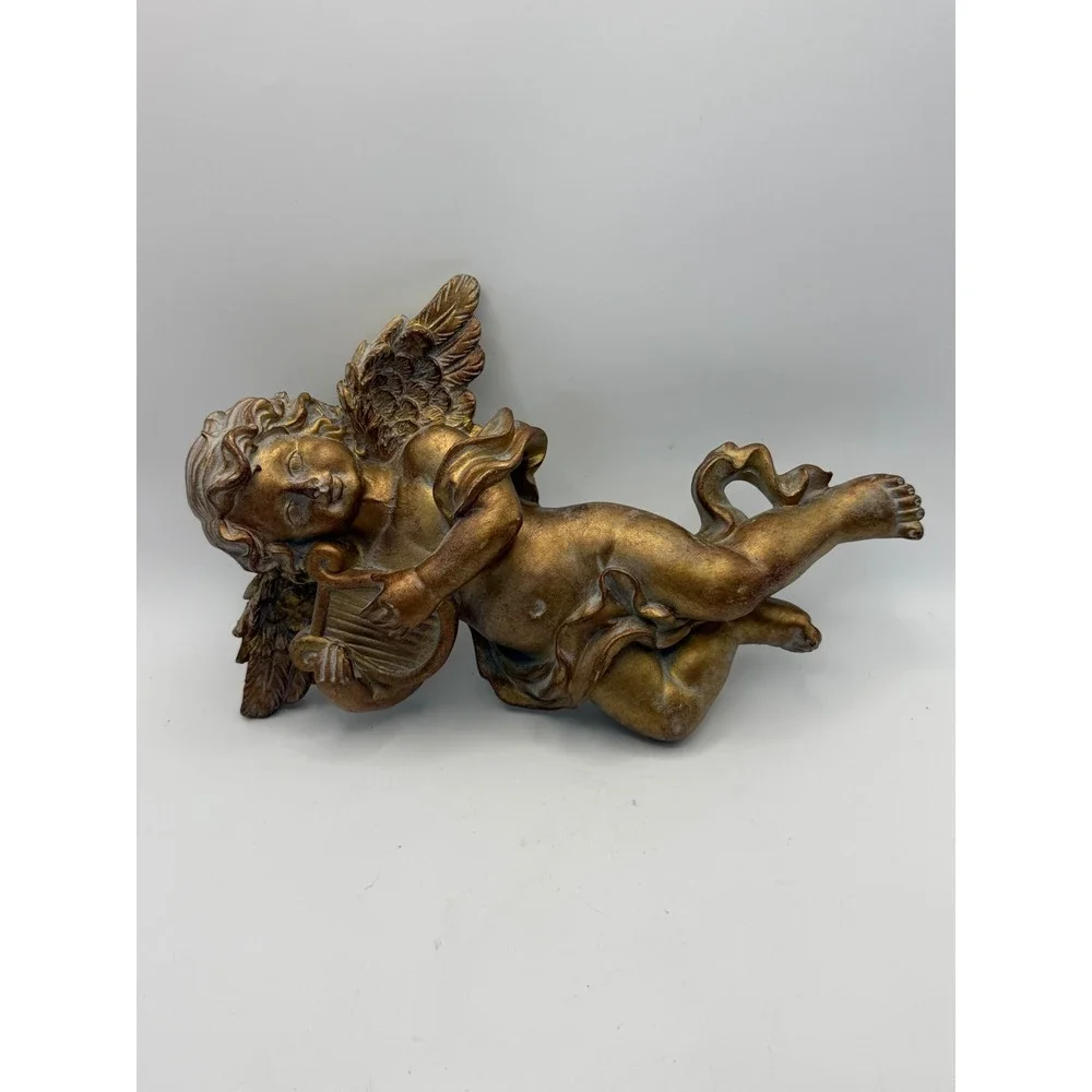 Vintage Angelico Renaissance Angel Collection Gold Cherub Lyre Wall Plaque Decor